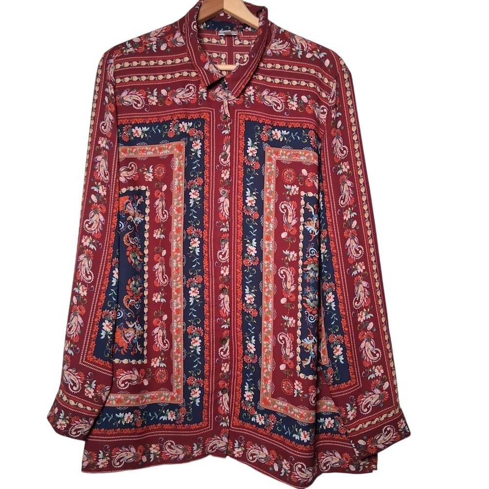 Dressbarn Blouse XL Maroon Blue Paisley Floral Tapestry Semi Sheer Long Sleeve - Picture 1 of 16
